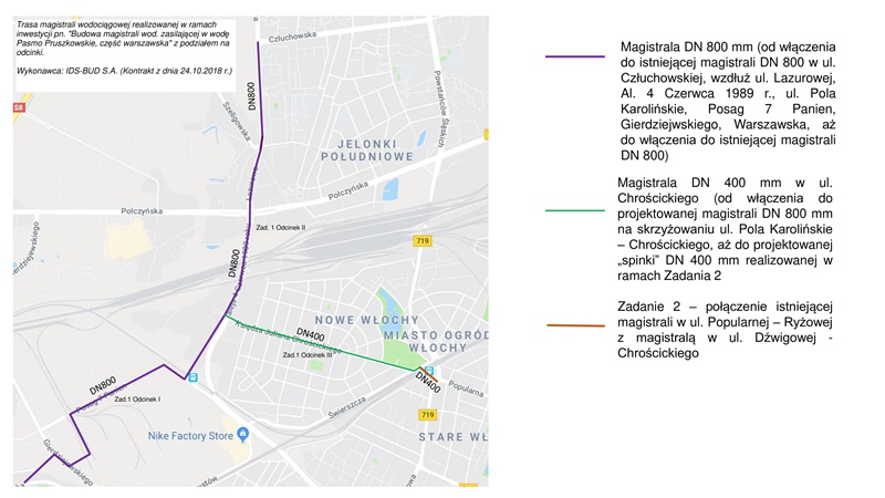 mapa z przebiegiem zadań inwestycyjnych wraz z legendą