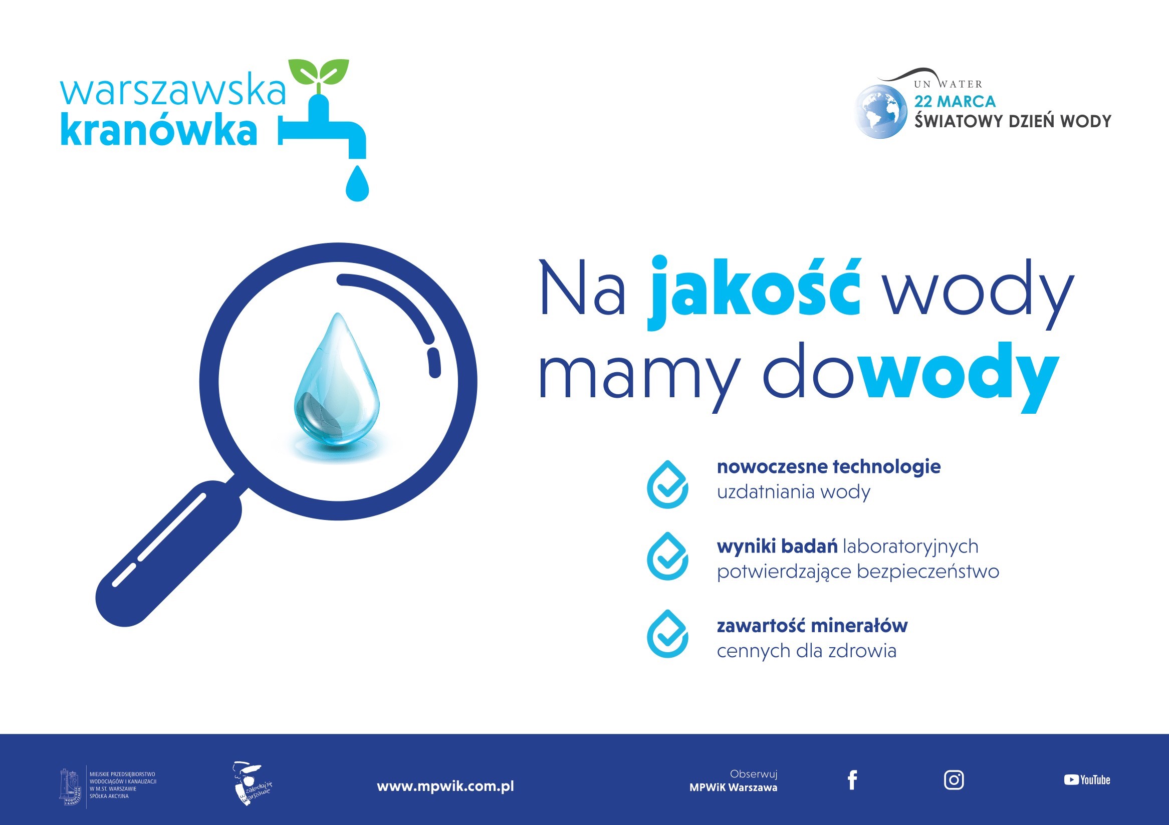 Widoczna kropla wody pod lupą. Tekst: Na jakość wody mamy dowody. Nowoczesne technologie uzdatniania wody. Wyniki bada laboratoryjnych potwierdzające bezpieczeństwo. Zawartość minerałów cennych dla zdrowia.